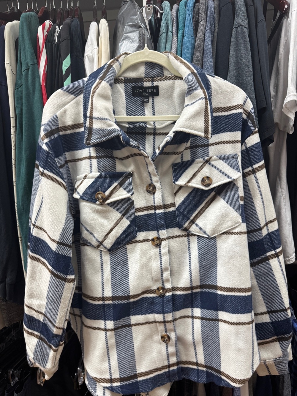 Love Tree Cream, Navy & Brown Plaid Utility Shacket